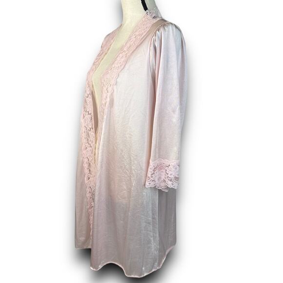 Vintage Avon Style Pink Satin Nylon Open Lace Trim Robe Midi Length Small Medium - Picture 2 of 9